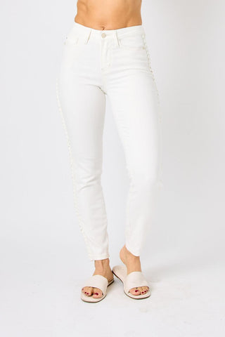 Judy Blue Mid Rise Braided Detail White Relaxed Fit Denim Jeans 88782