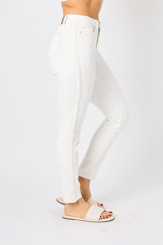 Judy Blue Mid Rise Braided Detail White Relaxed Fit Denim Jeans 88782