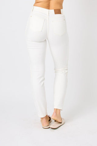 Judy Blue Mid Rise Braided Detail White Relaxed Fit Denim Jeans 88782