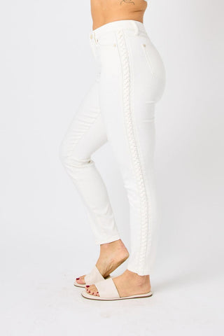 Judy Blue Mid Rise Braided Detail White Relaxed Fit Denim Jeans 88782