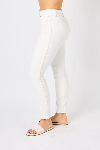 Judy Blue Mid Rise Braided Detail White Relaxed Fit Denim Jeans 88782
