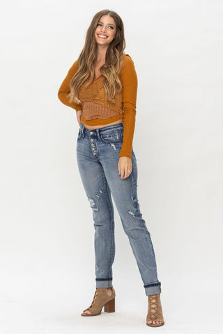 Judy Blue Mid Rise Button Fly Contrast Wash & Cuff Options Tall Boyfriend Denim Jeans 82396