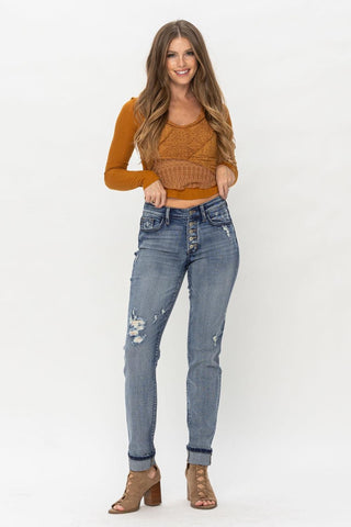 Judy Blue Mid Rise Button Fly Contrast Wash & Cuff Options Tall Boyfriend Denim Jeans 82396