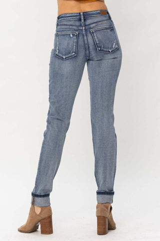 Judy Blue Mid Rise Button Fly Contrast Wash & Cuff Options Tall Boyfriend Denim Jeans 82396