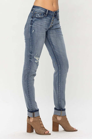 Judy Blue Mid Rise Button Fly Contrast Wash & Cuff Options Tall Boyfriend Denim Jeans 82396