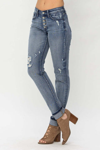 Judy Blue Mid Rise Button Fly Contrast Wash & Cuff Options Tall Boyfriend Denim Jeans 82396