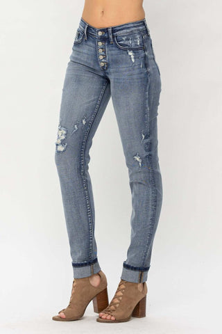 Judy Blue Mid Rise Button Fly Contrast Wash & Cuff Options Tall Boyfriend Denim Jeans 82396