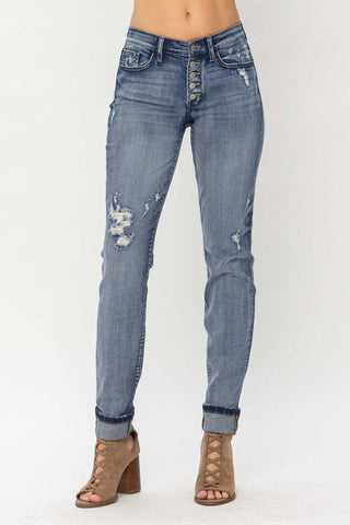 Judy Blue Mid Rise Button Fly Contrast Wash & Cuff Options Tall Boyfriend Denim Jeans 82396