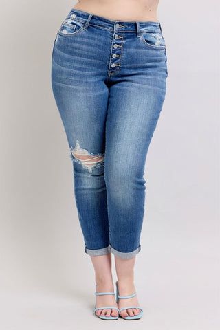 Judy Blue Mid Rise Button-Fly Destroy Boyfriend Denim Jeans 82664