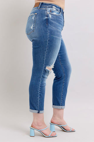 Judy Blue Mid Rise Button-Fly Destroy Boyfriend Denim Jeans 82664