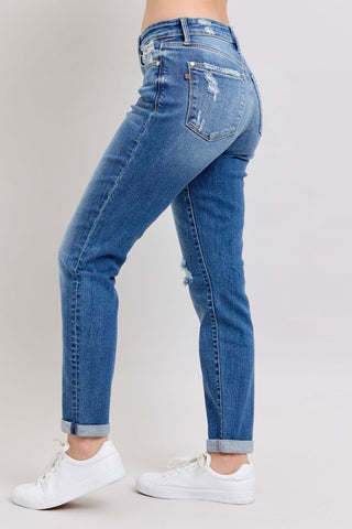 Judy Blue Mid Rise Button-Fly Destroy Boyfriend Denim Jeans 82664