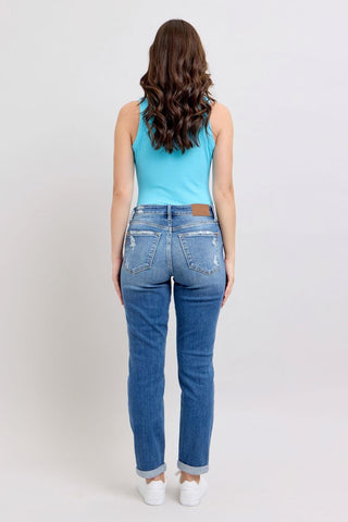 Judy Blue Mid Rise Button-Fly Destroy Boyfriend Denim Jeans 82664