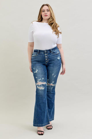 Judy Blue Mid Rise Button Fly Flare Denim Jeans 82430