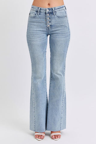 Judy Blue Mid Rise Button Fly Rhinestone Side Panel Detail Flare Denim Jeans 88895