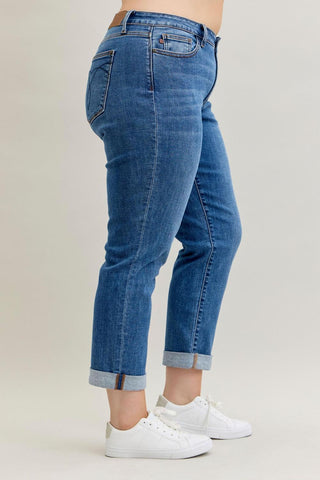 Judy Blue Mid Rise Classic Cuffed Boyfriend Denim Jeans 82685