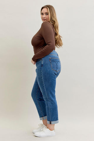 Judy Blue Mid Rise Classic Cuffed Boyfriend Denim Jeans 82685