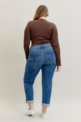 Judy Blue Mid Rise Classic Cuffed Boyfriend Denim Jeans 82685