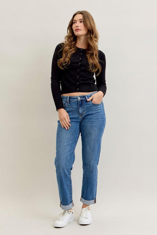 Judy Blue Mid Rise Classic Cuffed Boyfriend Denim Jeans 82685