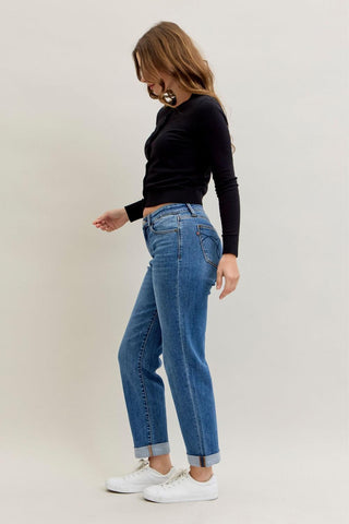 Judy Blue Mid Rise Classic Cuffed Boyfriend Denim Jeans 82685