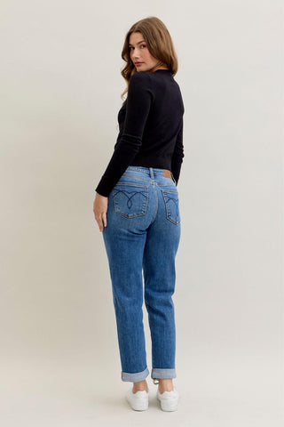 Judy Blue Mid Rise Classic Cuffed Boyfriend Denim Jeans 82685