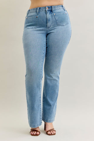 Judy Blue Mid Rise Contrast Wash & Front Patch Bootcut Denim Jeans 881053