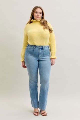 Judy Blue Mid Rise Contrast Wash & Front Patch Bootcut Denim Jeans 881053