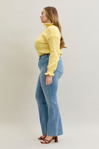 Judy Blue Mid Rise Contrast Wash & Front Patch Bootcut Denim Jeans 881053