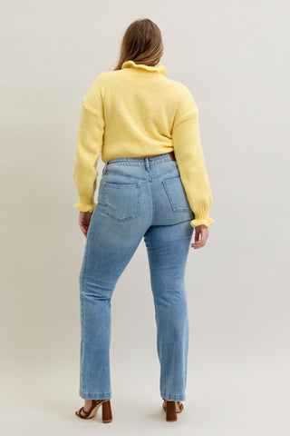 Judy Blue Mid Rise Contrast Wash & Front Patch Bootcut Denim Jeans 881053