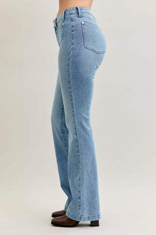 Judy Blue Mid Rise Contrast Wash & Front Patch Bootcut Denim Jeans 881053