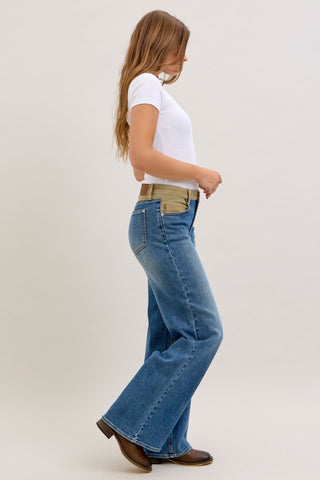 Judy Blue Mid Rise Corduroy Waist Column Straight Denim Jeans 881054
