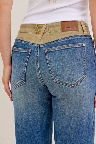 Judy Blue Mid Rise Corduroy Waist Column Straight Denim Jeans 881054