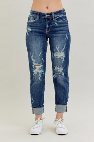 Judy Blue Mid-Rise Cuffed Destroyed Boyfriend Denim Jeans 82427