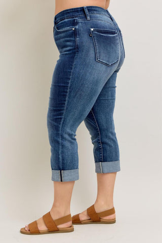 Judy Blue Mid Rise Dark Wash Cuffed Capri Denim Jeans 72121