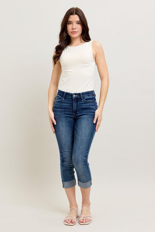 Judy Blue Mid Rise Dark Wash Cuffed Capri Denim Jeans 72121