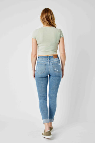 Judy Blue Mid Rise Destroy & Cuff Skinny Denim Jeans 82528