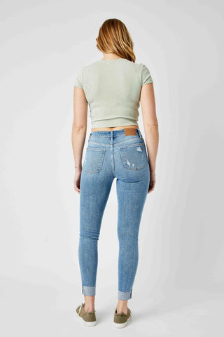 Judy Blue Mid Rise Destroy & Cuff Skinny Denim Jeans 82528