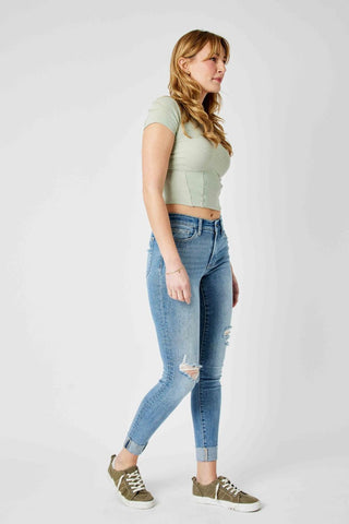 Judy Blue Mid Rise Destroy & Cuff Skinny Denim Jeans 82528