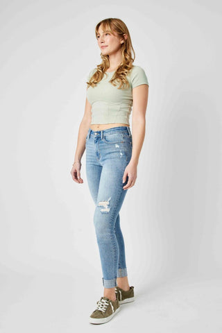Judy Blue Mid Rise Destroy & Cuff Skinny Denim Jeans 82528