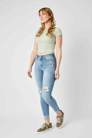 Judy Blue Mid Rise Destroy & Cuff Skinny Denim Jeans 82528