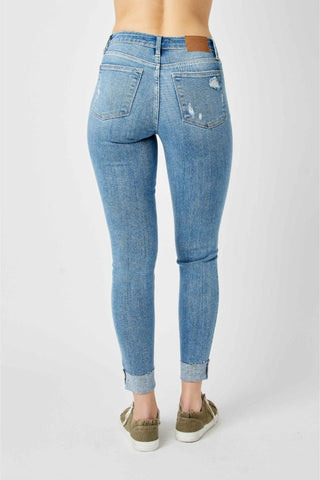 Judy Blue Mid Rise Destroy & Cuff Skinny Denim Jeans 82528