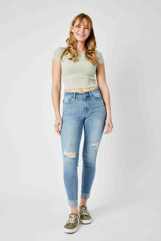 Judy Blue Mid Rise Destroy & Cuff Skinny Denim Jeans 82528