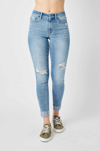 Judy Blue Mid Rise Destroy & Cuff Skinny Denim Jeans 82528