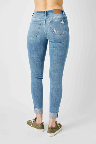 Judy Blue Mid Rise Destroy & Cuff Skinny Denim Jeans 82528