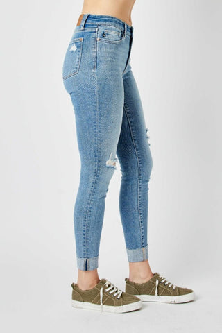 Judy Blue Mid Rise Destroy & Cuff Skinny Denim Jeans 82528