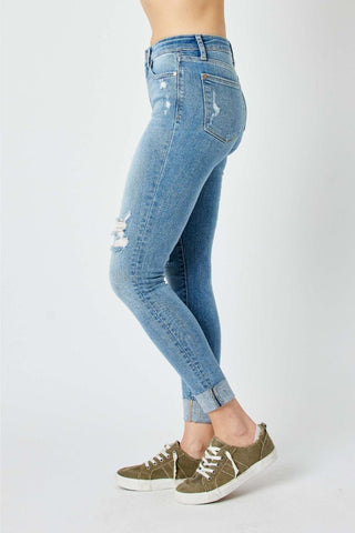Judy Blue Mid Rise Destroy & Cuff Skinny Denim Jeans 82528