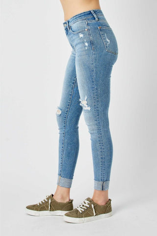 Judy Blue Mid Rise Destroy & Cuff Skinny Denim Jeans 82528