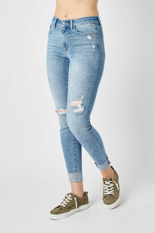 Judy Blue Mid Rise Destroy & Cuff Skinny Denim Jeans 82528