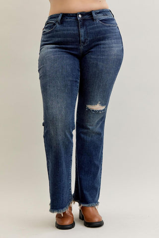 Judy Blue Mid Rise Destroy & Fray Hem Tall/Long Flare Denim Jeans 82681