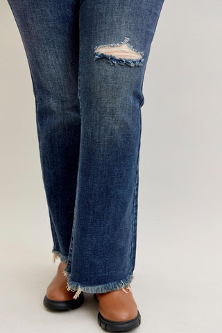 Judy Blue Mid Rise Destroy & Fray Hem Tall/Long Flare Denim Jeans 82681