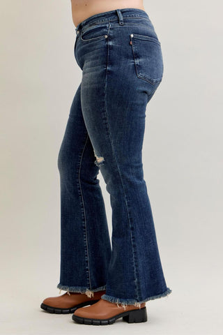 Judy Blue Mid Rise Destroy & Fray Hem Tall/Long Flare Denim Jeans 82681